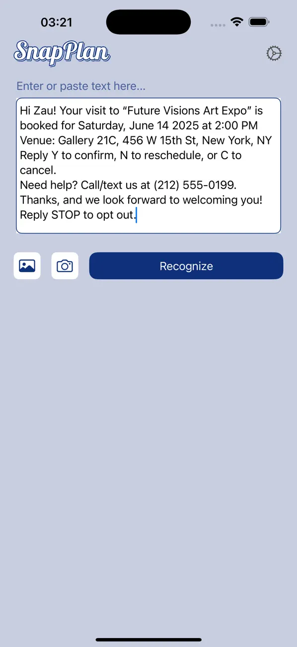 SnapPlan text recognition screen with an event message